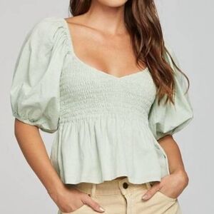 Cropped Babydoll Green Smocked Women's Top Size S Boho Beachy Feminine Festival